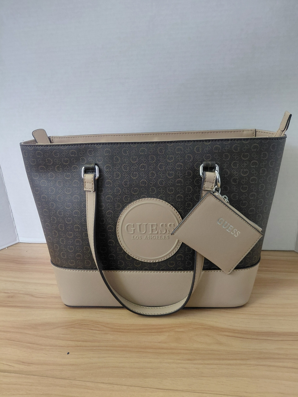 GUESS Two-Tone Logo Tote Bag in Brown & Beige